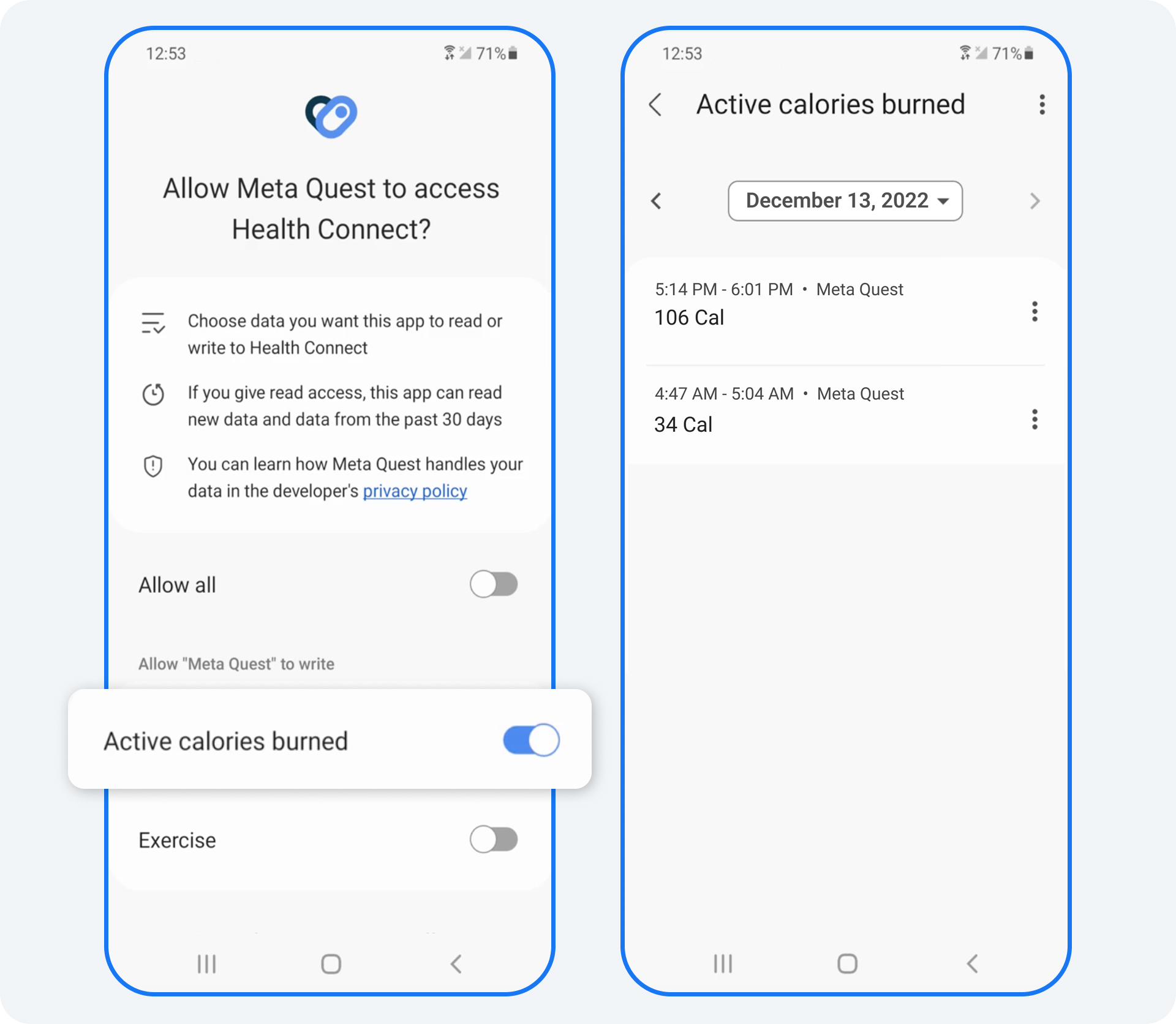 Image showing the Health Connect interface when connecting a Meta Quest device.